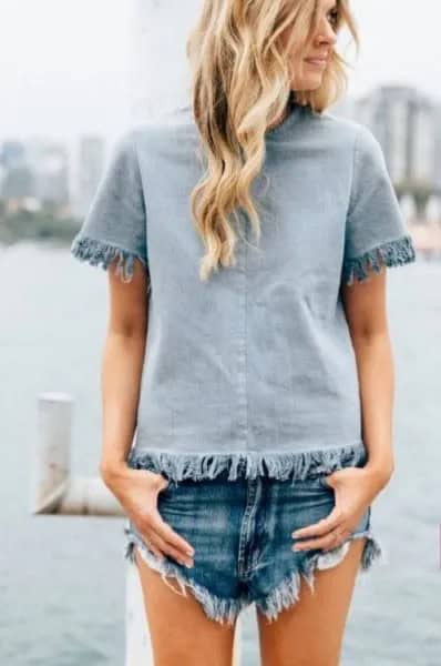 Light Blue Fringe Top with Matching Denim Shorts