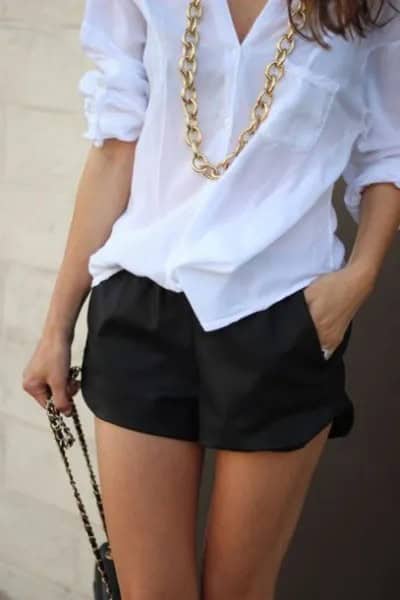 White Linen Shirt with Black Flowy Shorts & Gold Necklace