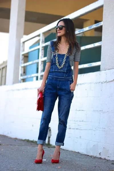 Blue Denim overalls with Half Sleeve Striped Tee