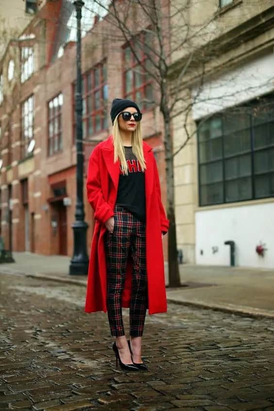 Red Coat and Plaid Pants