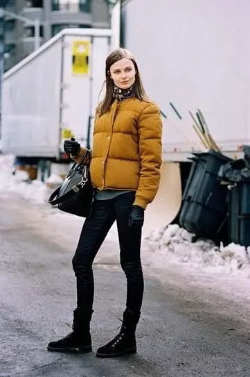 Yellow Puffer Jacket with Grey Button Up Shirt & Black Skinny Jeans