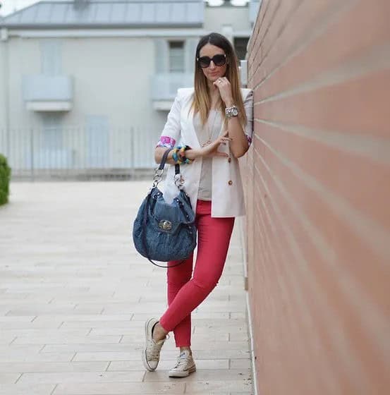 White Blazer with Green Skinny Jeans & Blue Denim Casual Bag