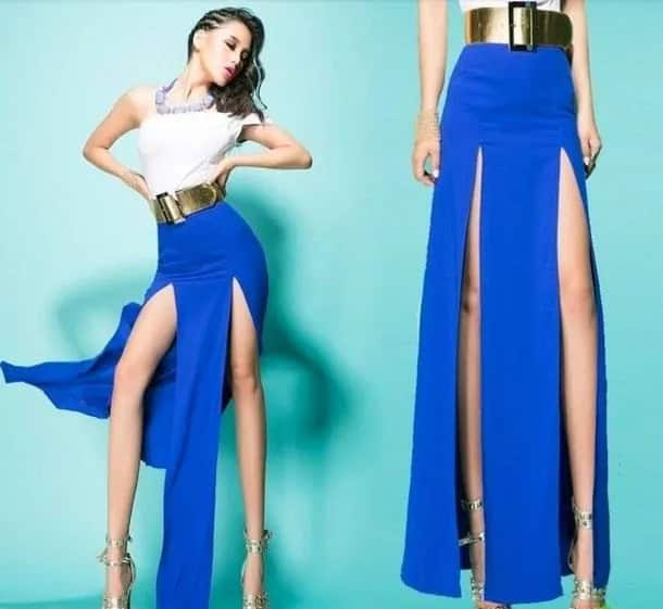 White One Shoulder Top with Royal Blue Maxi Skirt & Gold Belt