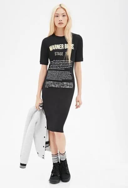 Black Midi Form Fitting T Shirt Dress with White Bomber Jacket