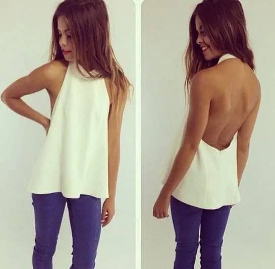 White Backless Halter Top with Royal Blue Skinny Jeans