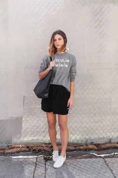 Grey Crew Neck Graphic Sweatshirt with Black Mini Wrap Skirt