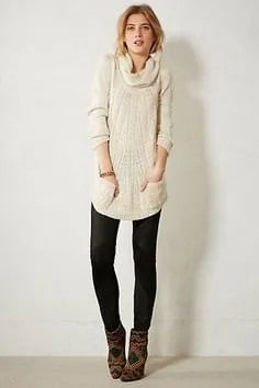 Black Ponte Pants with Ivory Cowl Neck Knit Sweater Dress