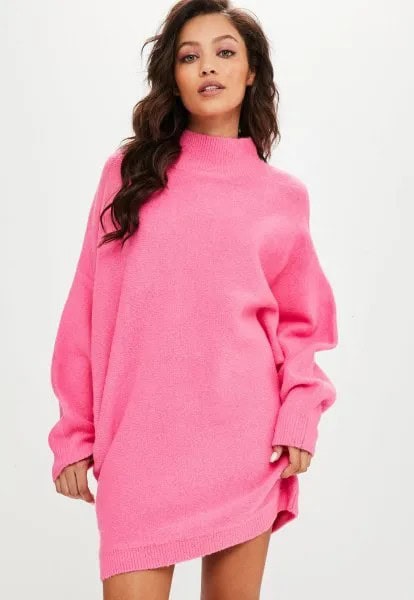 Shocking Pink Mock Neck Batwing Sweater Dress