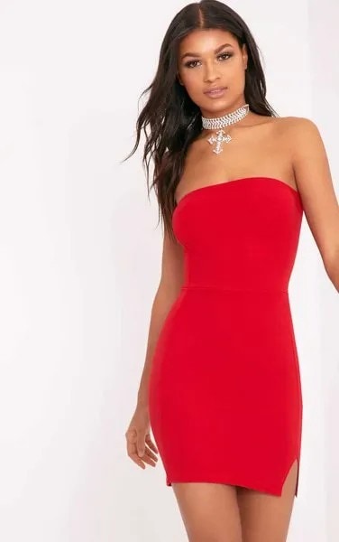 Red Tube Bodycon Dress with Statement Choker Necklace