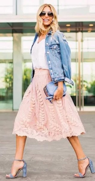 Denim Jacket with Blush Mini Flared Midi Skirt & Blue Heels