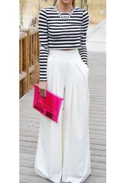 Black and White Striped Long Sleeve Cropped Tee with Flared Pants