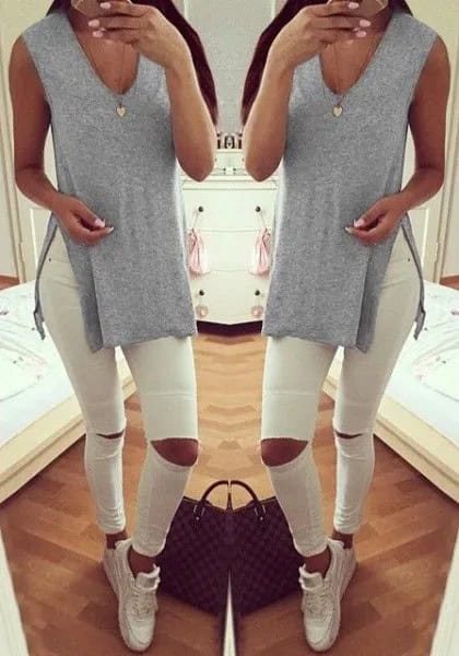 Light Grey V Neck Side Slit Shirt with White Ripped Jeans