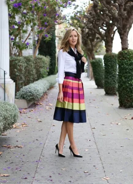 White Button Up Shirt with Color Block Midi Skirt