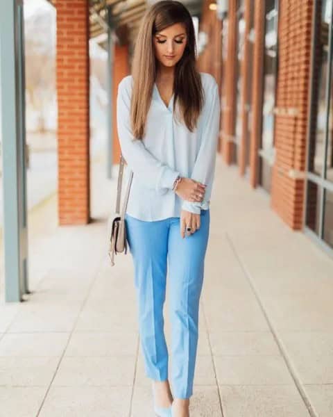 White Chiffon Blouse with Light Blue Relaxed Fit Cropped Pants