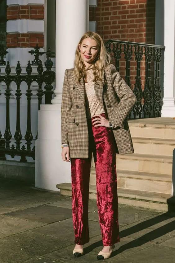 Red Velvet Pants and Plaid Blazer