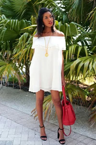 White Off The Shoulder Mini Swing Dress