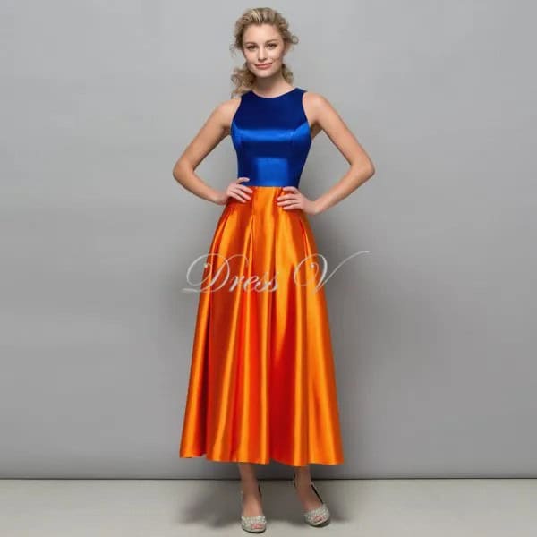 Blue and Orange Silk Color Block Fit and Flare Maxi Dress