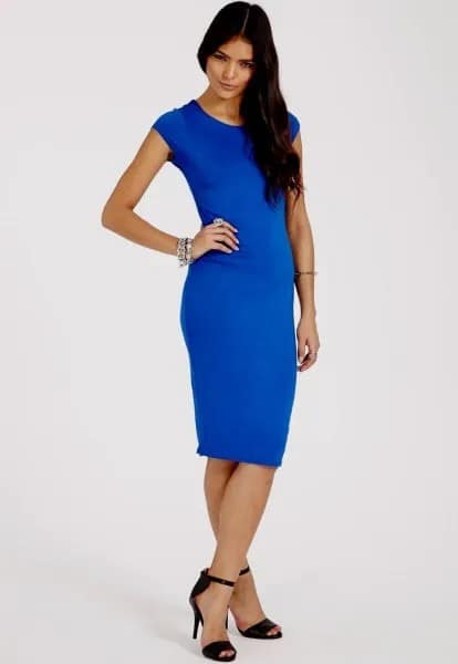 Royal Blue Cap Sleeve Midi Dress with Black Open Toe Heels