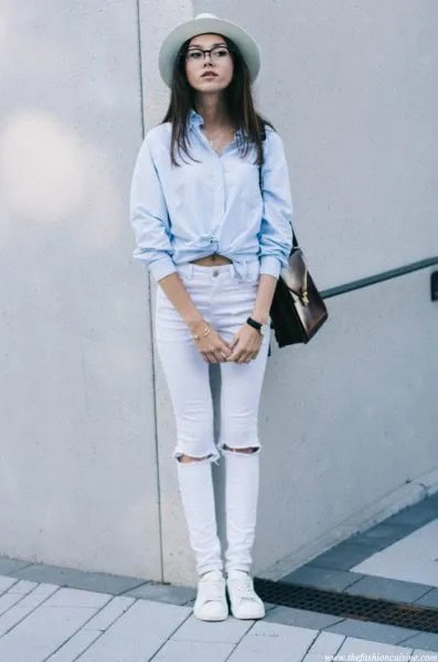 Light Blue Knotted Shirt with Ripped Skinny Jeans