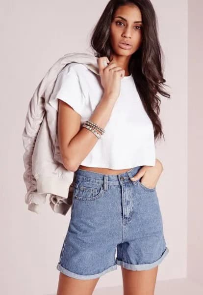 White Cropped Tee with Pale Pink Bomber Jacket & Jean Shorts