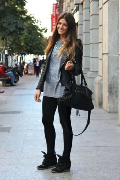 Black Moto Leather Jacket with Grey Tunic Tee & Wedge Sneakers