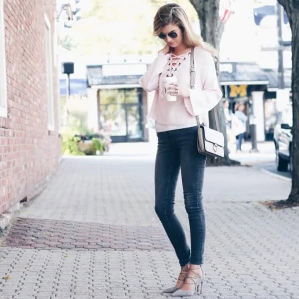 White Lace Up Neckline Cropped Sweater with Grey Skinny Jeans