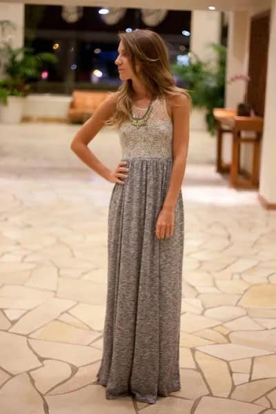 Lace and Chiffon Two-Toned Maxi Pleated Dress