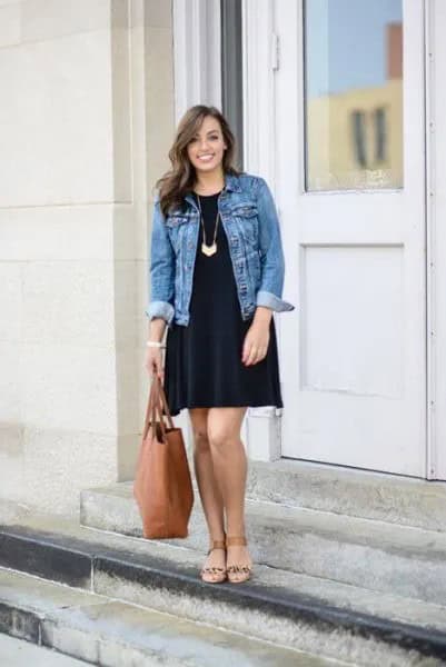 Black Long Sleeve Swing Dress with Blue Denim Jacket