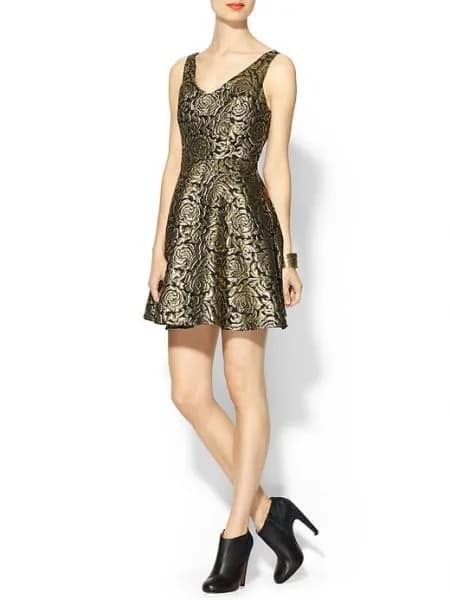 Bronze and Black Printed Fit and Flare Mini Dress with Leather Heeled Boots