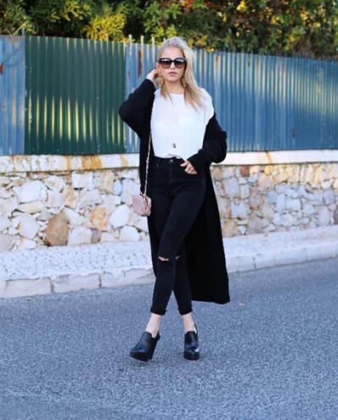 Long Cardigan with White Tee & Black Jeans