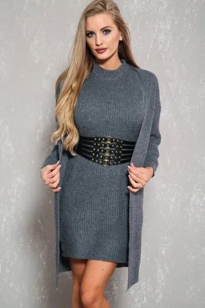 Grey Belted Sweater Dress with Long Cardigan