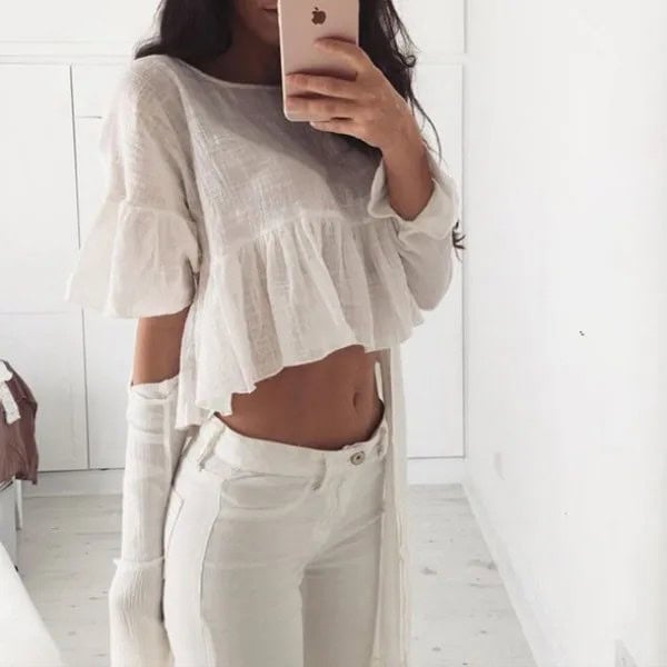 White Linen Ruffle Blouse with White Jeans