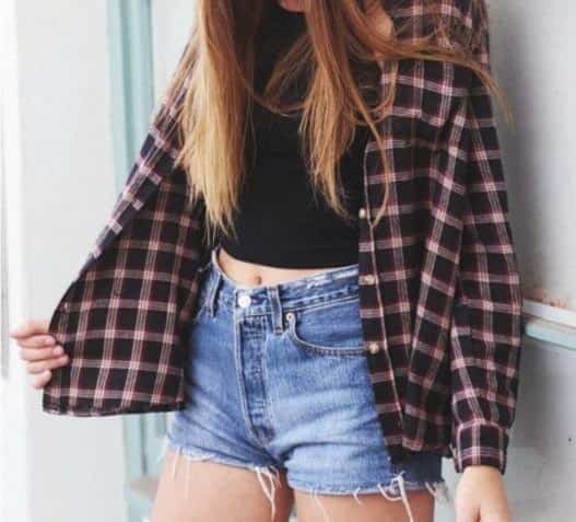 Black and White Plaid Button Up Shirt with Crop Top & Denim Shorts