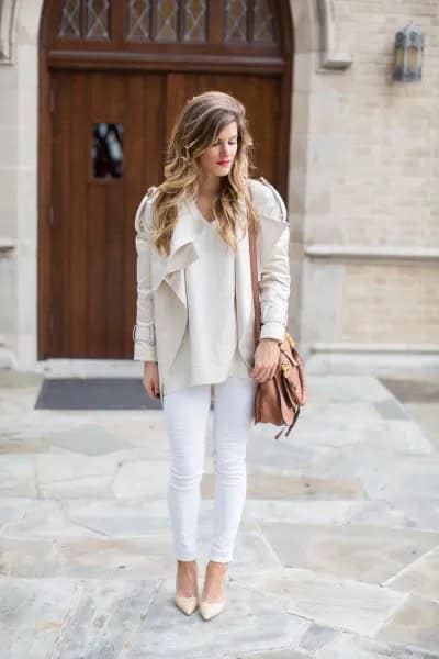 Pale Pink Blazer Jacket with Off White Skinny Jeans