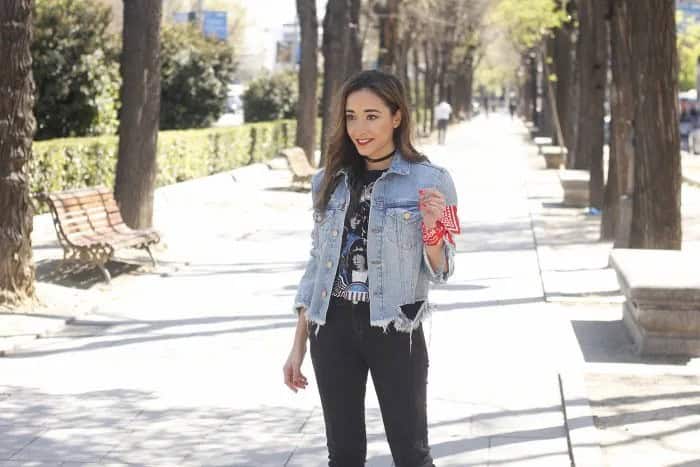 Black Graphic Tee with Denim Ripped Motorcycle Jacket & Choker