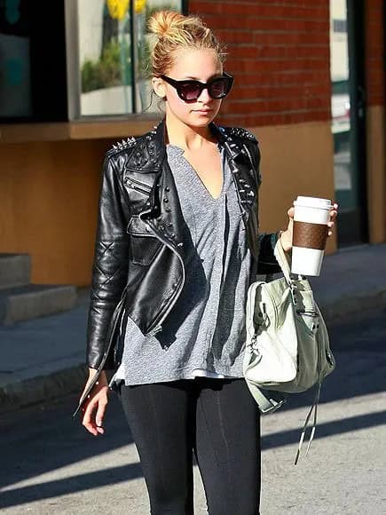 Black Studded Leather Jacket with Grey V Neck Tee & Leggings