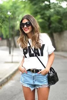 White Tee with Light Sky Blue Denim Mini Shorts & Black Leather Belt