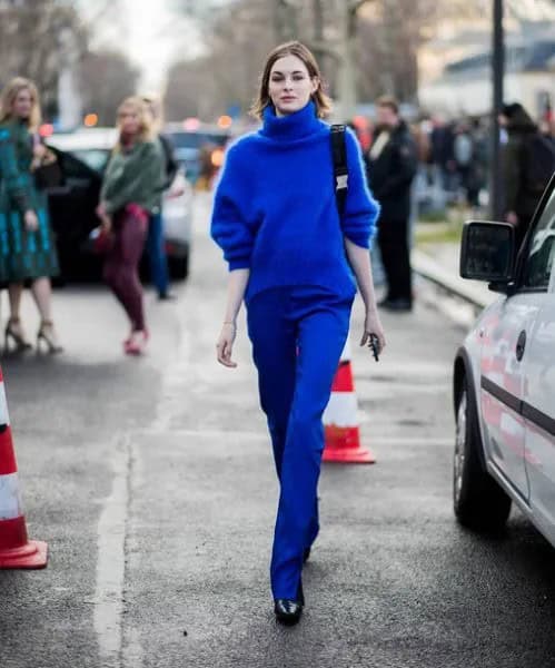 Royal Blue Turtleneck Chunky Sweater with Matching Straight Leg Jeans