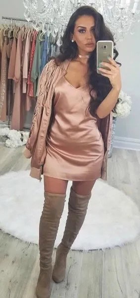 Rose Gold Silk Deep V Neck Mini Bodycon Skirt with Matching Jacket