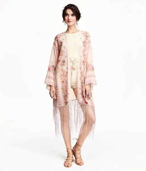 Pale Pink Floral Fringe Kimono with Light Yellow Shorts