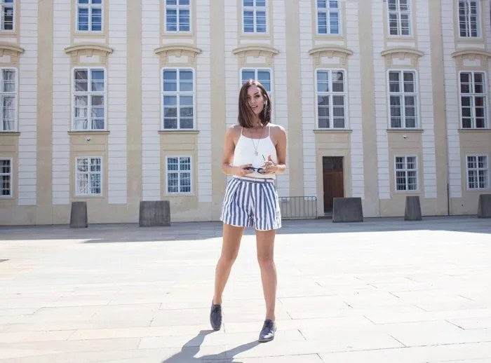 White Halter Top with Blue and White Striped Shorts