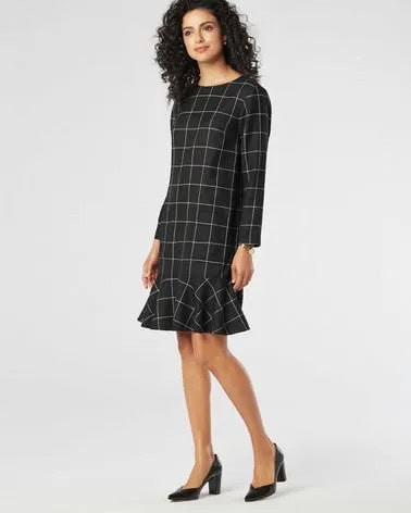 Black and Grey Plaid Ruffle Wool Dress