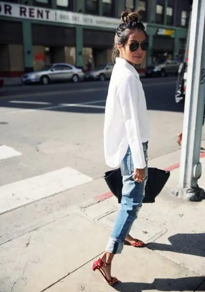 White Button Up Shirt with Blue Cuffed Slim Fit Jeans