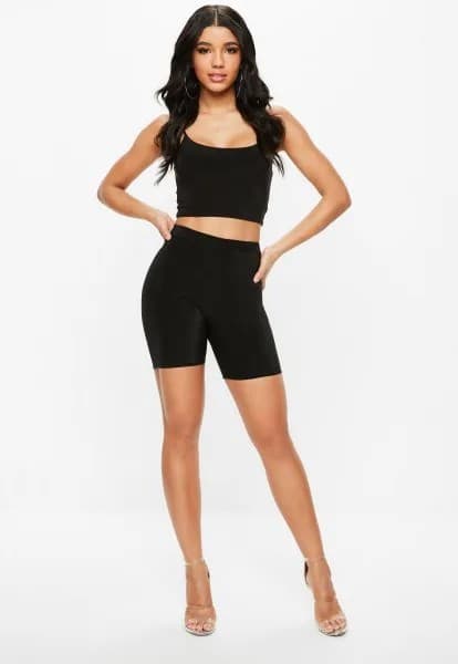 Form Fitting Scoop Neck Cropped Tank Top with High Waisted Biker Shorts