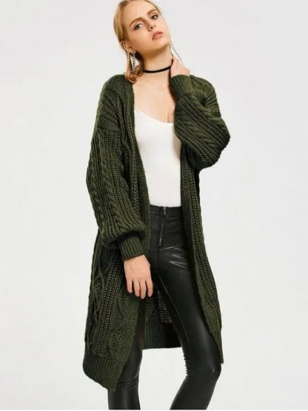 Dark Green Midi Length Cable Knit Cardigan