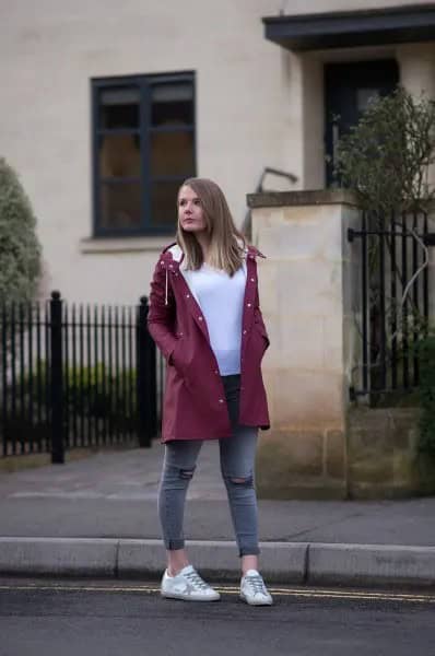 Grey Long Jacket with White Sweater & Cropped Skinny Jeans