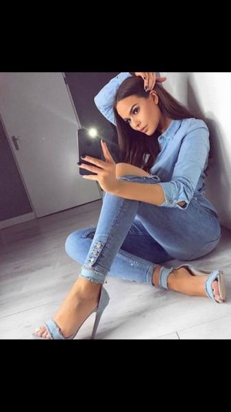 Light Blue Chambray Shirt with Denim Open Toe Ankle Strap Heels