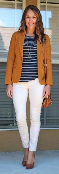 Red Blazer with Striped Tee & Ankle Jeans