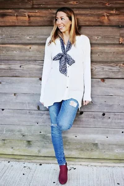 White Button Up Chiffon Cardigan with Black Silk Skinny Scarf