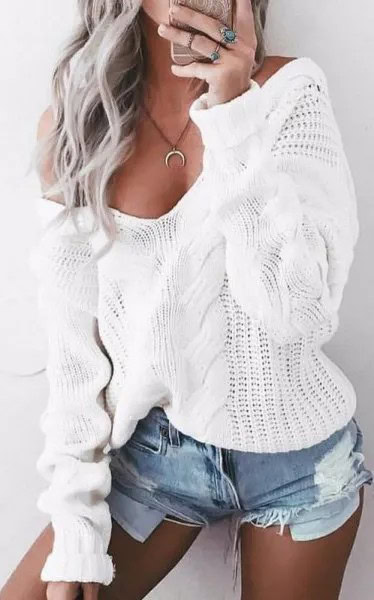 White Cable Knit Wide V Neck Sweater with Blue Mini Denim Shorts